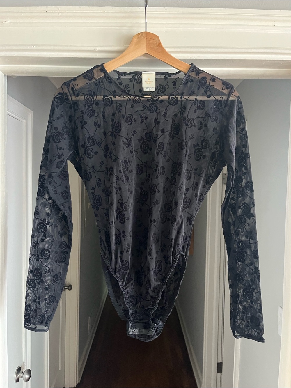 Y2K Vintage Victoria Secret Black Floral Burnout Long Sleeve Bodysuit